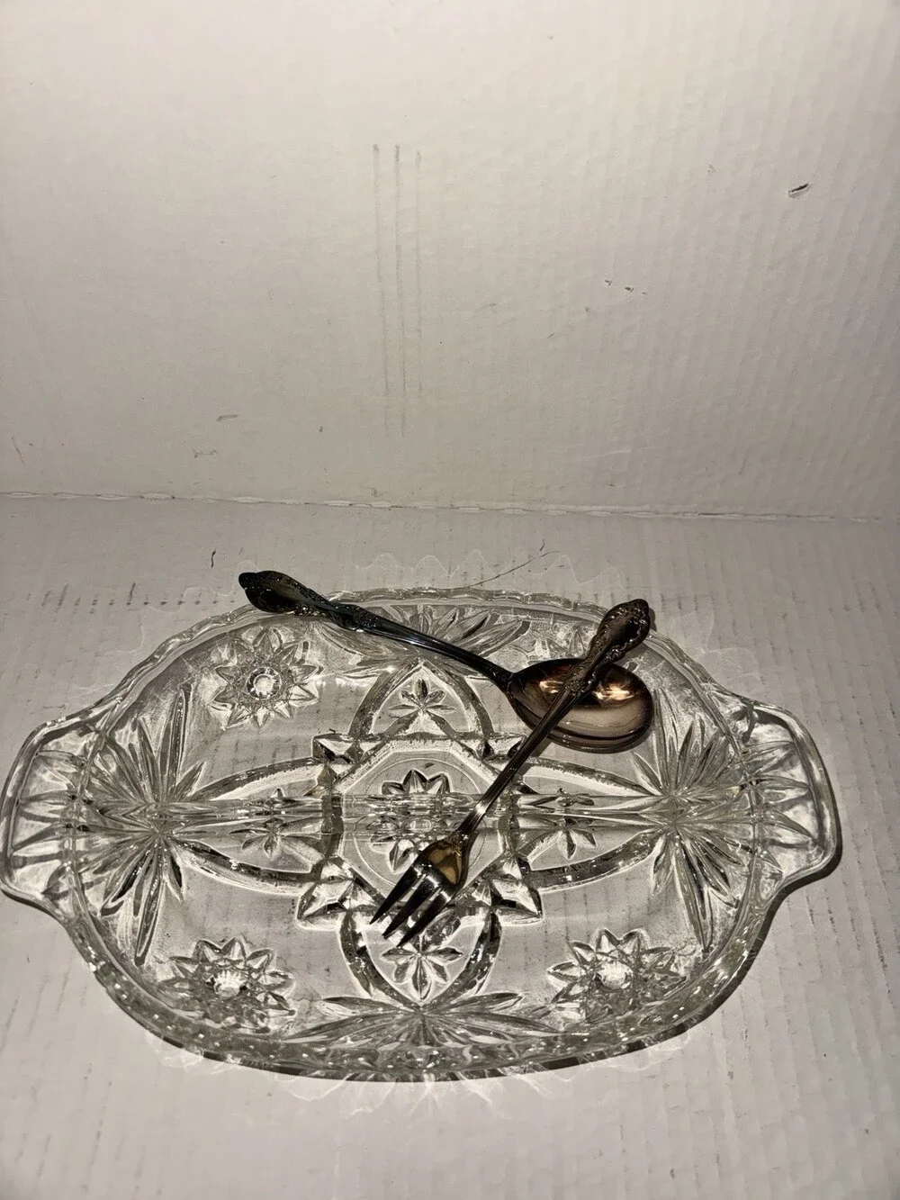 Vintage Clear Pressed Glass Divided Relish Dish Starburst Oval Serving Tray
